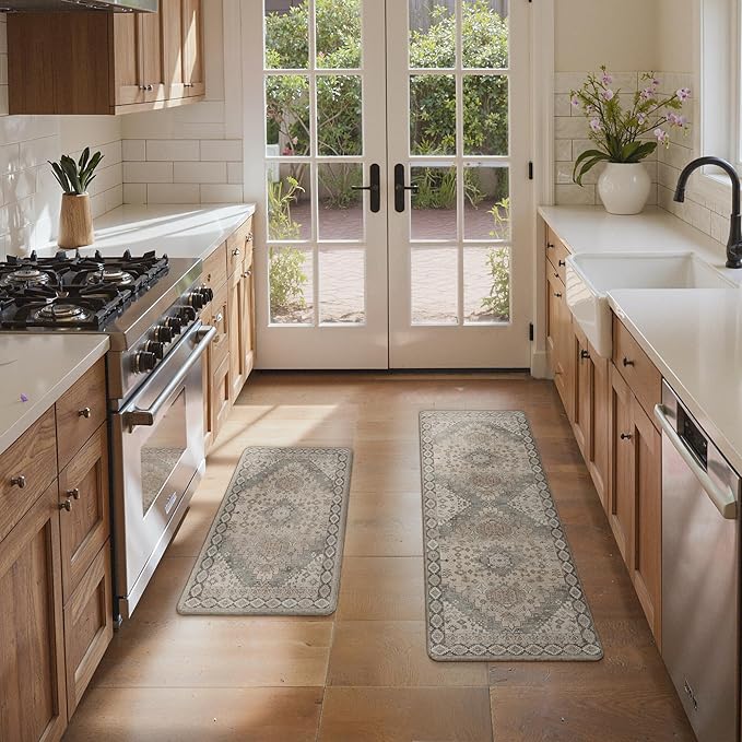 GENIMO Kitchen Mats for Floor, 2PCS Kitchen Rugs Non Slip Washable, Waterproof Anti Fatigue Mat, Comfort Standing Runner Rug for Sink, Office, Laundry, Home, 17.3"x47"+17.3"x30", Brown