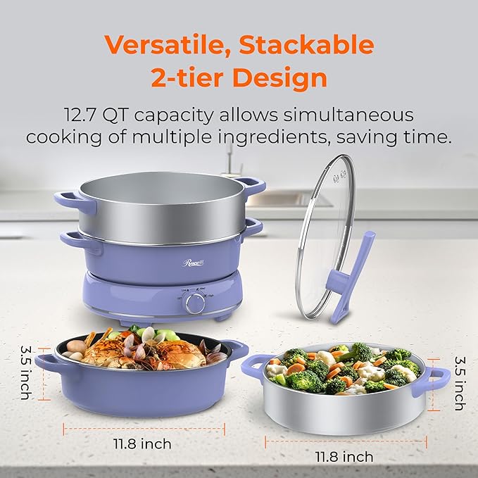 Rosewill 12.7 QT Electric Hot Pot Slow Cooker with Multiple Functions, Split Design with 11.8 inch Wider Cooking Pot and SUS Steam Basket, 1600W High Power, Includes Utensils - Iris