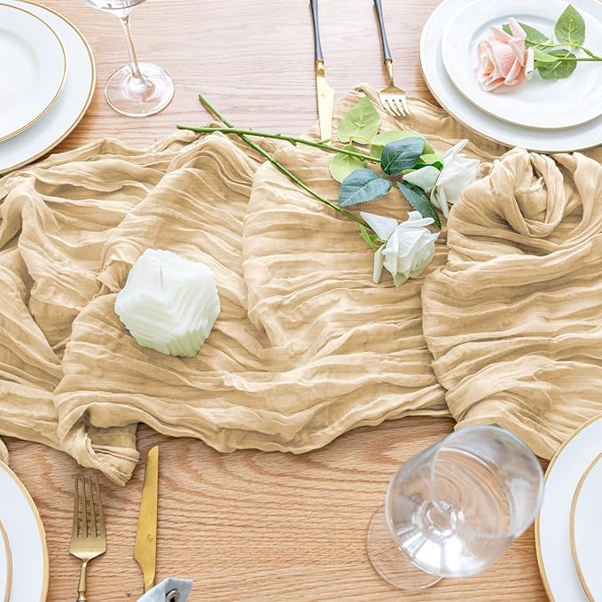 Wokceer Cheesecloth Table Runner 3Pack 10FT Sand Christmas Boho Gauze Cheese Cloth Table Runner for Party Easter Rustic Sheer Table Runners for Baby Bridal Shower Wedding Table Decor