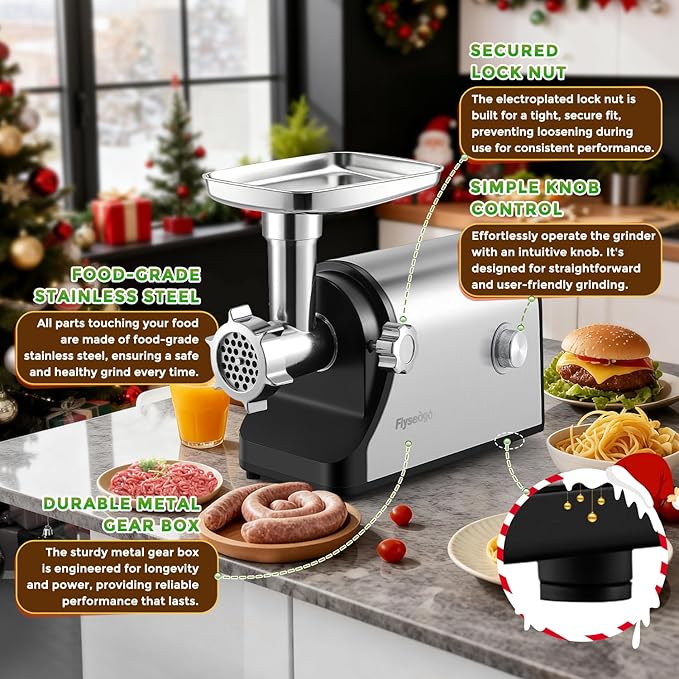 Flyseago Electric Meat Grinder 3200W Heavy Duty Commercial Meat Grinders, Sausage Stuffer, Kubbe Kit with 2 Cutting Blades, 3 Grinding Plates, 3 Sausage Tubes, Metal Gearbox Meat Grinder for Home Use