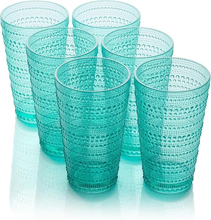 Santa Fe Teal Set of 6 Premium Acrylic Ice Tea Glass 22 oz – Unbreakable Drinkware with Textured Bubble Design, Shatterproof Tumblers for Indoor & Outdoor Use