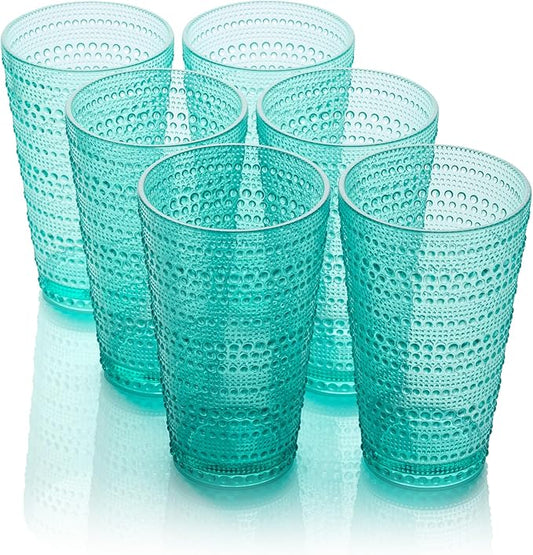 Santa Fe Teal Set of 6 Premium Acrylic Ice Tea Glass 22 oz – Unbreakable Drinkware with Textured Bubble Design, Shatterproof Tumblers for Indoor & Outdoor Use