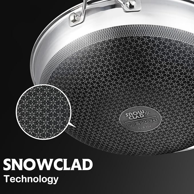 SNOWCLAD Wok, 13 Inch Hybrid Woks & Stir-fry Pans Nonstick, Non Toxic Stainless Steel Wok Pan with Lid, Dishwasher Induction Oven Broiler Safe, PFOA Free Cookware Non Stick