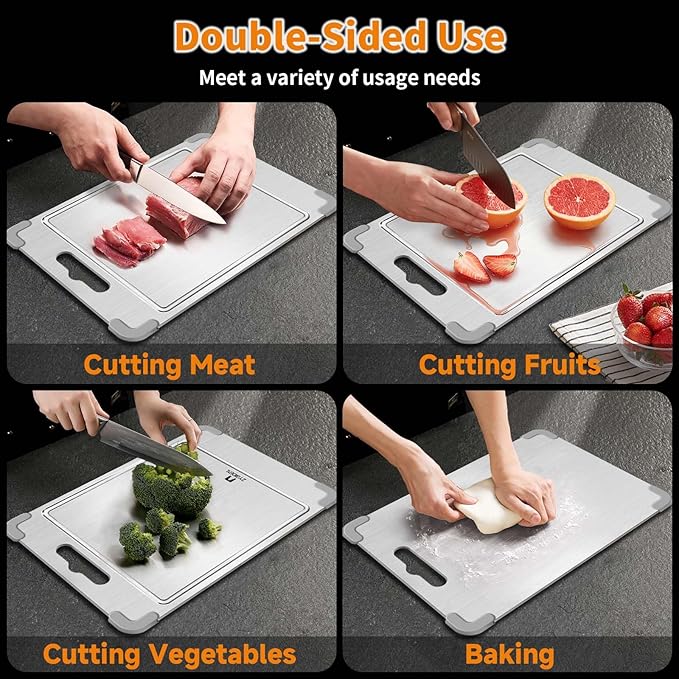 ZYBIDEAL 3Pcs 100% Pure Titanium Cutting Board with Grooves, Update Double Side Titanium Chopping Board, Silicone Anti-slip Stainless Cutting Boards Set for Kitchen