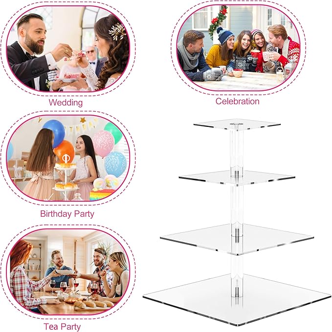 Cupcake Stand, Acrylic Cupcake Holder, Premium 4 Tier Square Cupcake Stand for Wedding Birthday Holidays, Cady Bar Party Decoration,Clear… (4 Tier, Square)