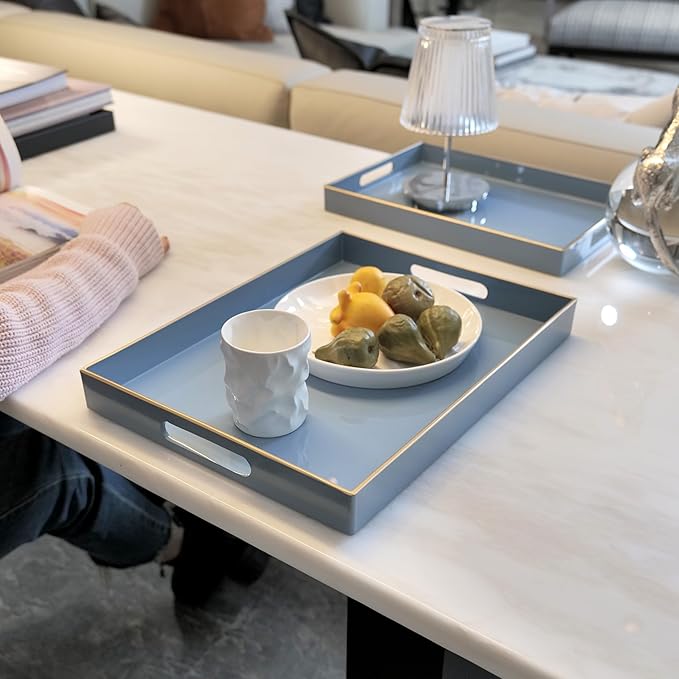 Serving Trays Set of 2, Decorative Plastic Serving Trays with Handles, Party Tray for Food, Coffee Table, Ottoman, Bathroom, and Living Room (White)