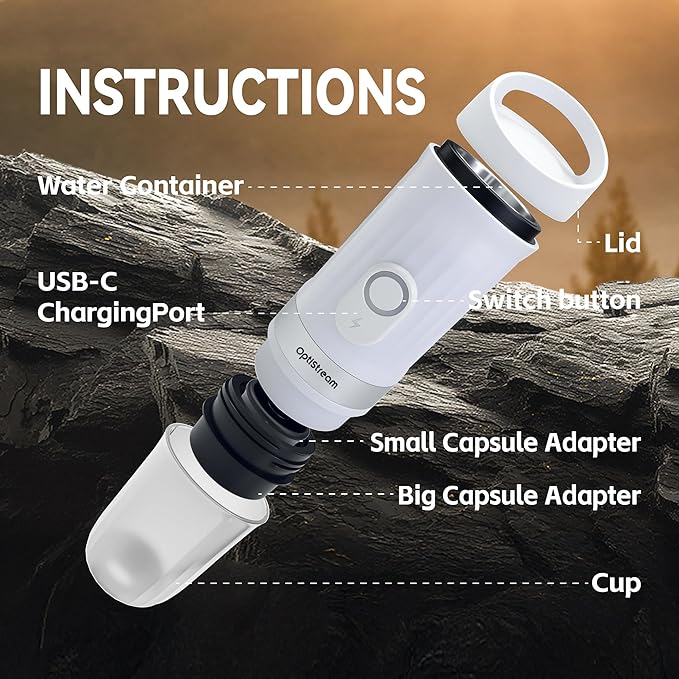 Optistream Portable Electric Espresso Machine, Travel Coffee Maker for Camping, Car Coffee Maker Self-Heating with USB-C, With Ground Coffee & NS Capsule for RV, Hiking, Office (White)