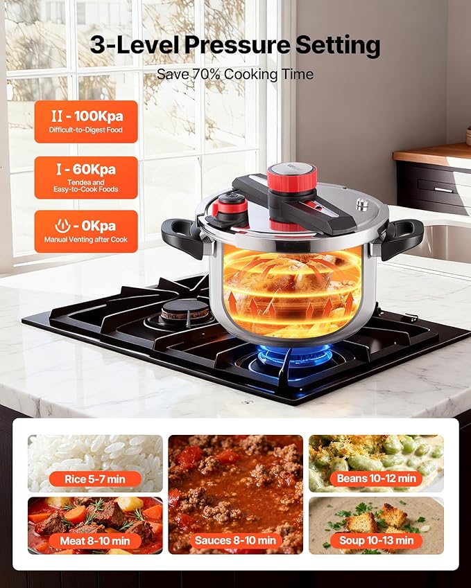 VEVOR Pressure Cooker, 10Qt Pressure Cooker Stainless Steel, Pressures Canner with Steaming Rack, Tempered Glass Lid, Three Pressures Settings for Meat, Beans, Rice, Soup, Sauces, Cook up to 100 kPa