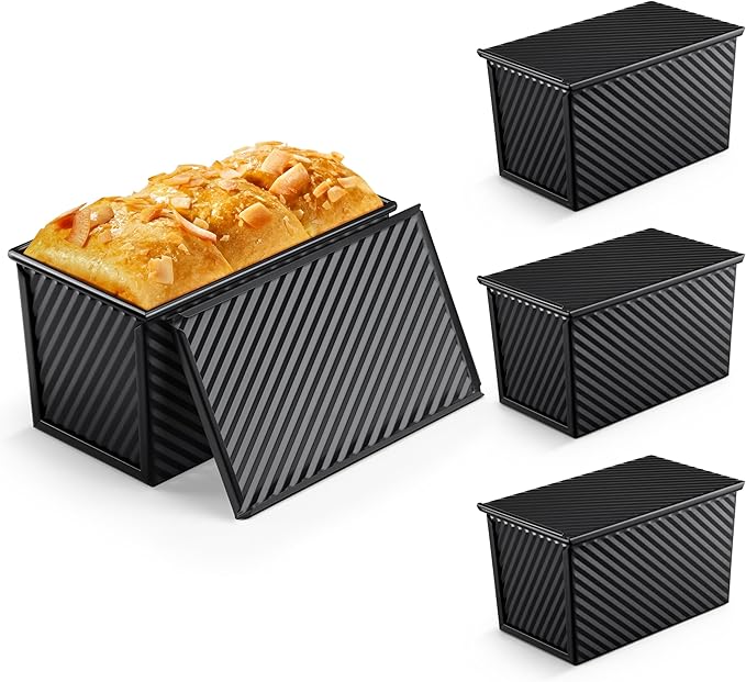 LIANYU Loaf Pan with Lid Set of 4, Pullman Loaf Baking Bread Pans, Nonstick Carbon Steel Homemade Toast Sandwich Box, 1 Pound Dough Small Metal Bakeware, Black