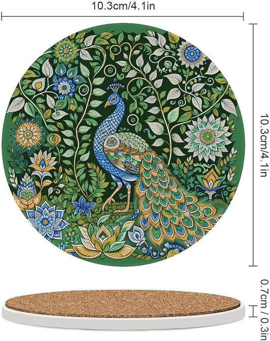 Peacock Drink Coasters, Round Ceramic Drink Coaster Round-4PCS, Beautiful Green Plant Floral Peacock Boho Art Pattren Decor Absorbent Ceramic Coasters for Beverage Cup, Bar, Coffee Table