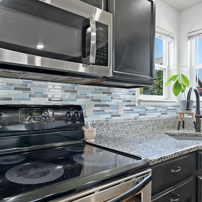 LONGKING Self-Adhesive Kitchen Backsplash, Marble Look Decorative Tiles (10 Tiles)