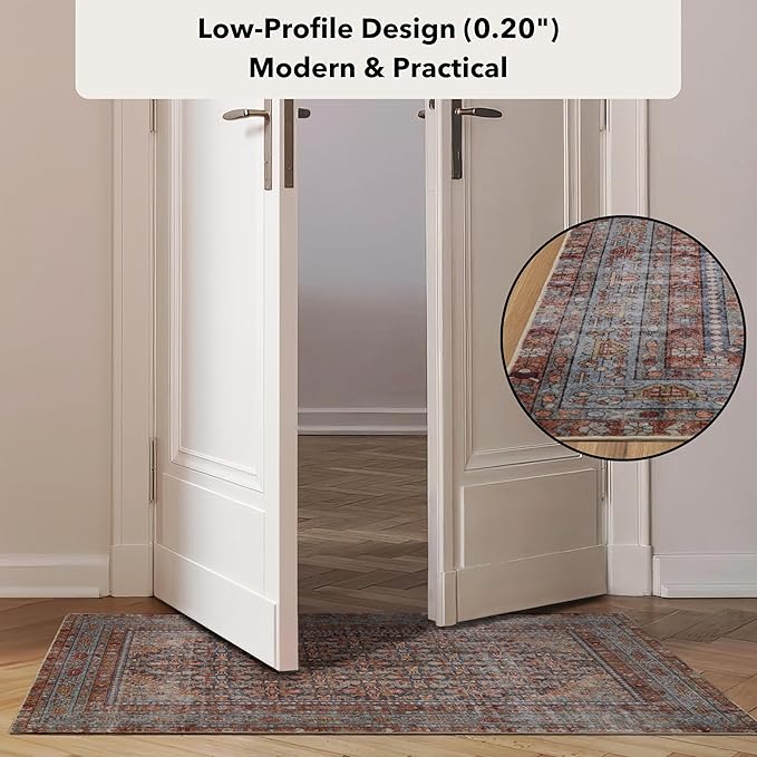 Kuden 3x5 Small Rug, Machine Washable, Non-Slip Backing, Vintage Style, Soft, Low Pile, Area Rugs for Entryway Kitchen Indoor Entrance