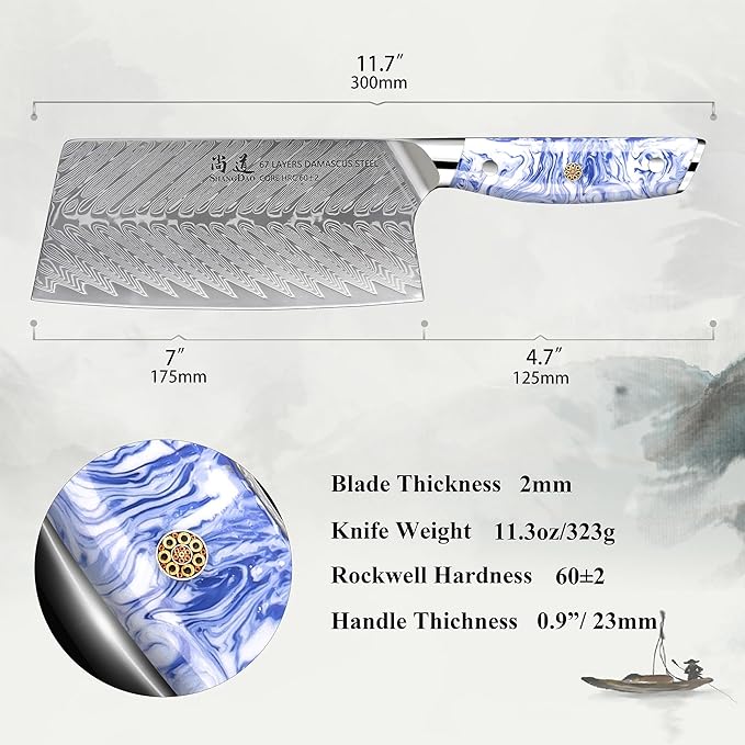 SHANGDAO 7 Inch Chinese Chef Knife,Cleaver Kitchen Knife Professional Vegetable Knife, Forged Damascus Steel with Blue and White Resin Handle - Full Tang - HUA Series