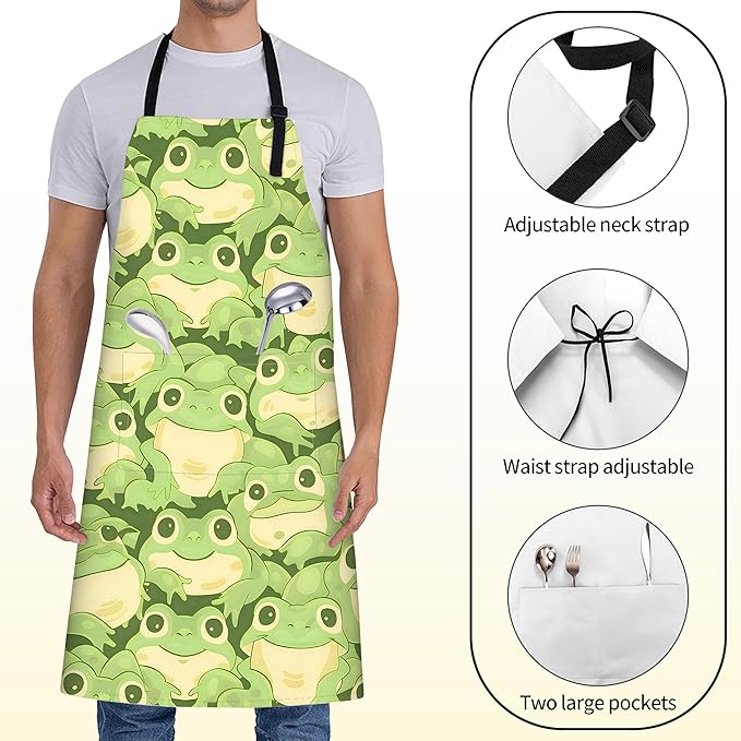 Cute Frog Apron for Women Men,28x33in,Fun Cartoon Kitchen Aprons with 2 Pockets,Oxford Fabric,Playful Adjustable Apron for Cooking Baking Gardening Chef,Gifts for Mom Wife