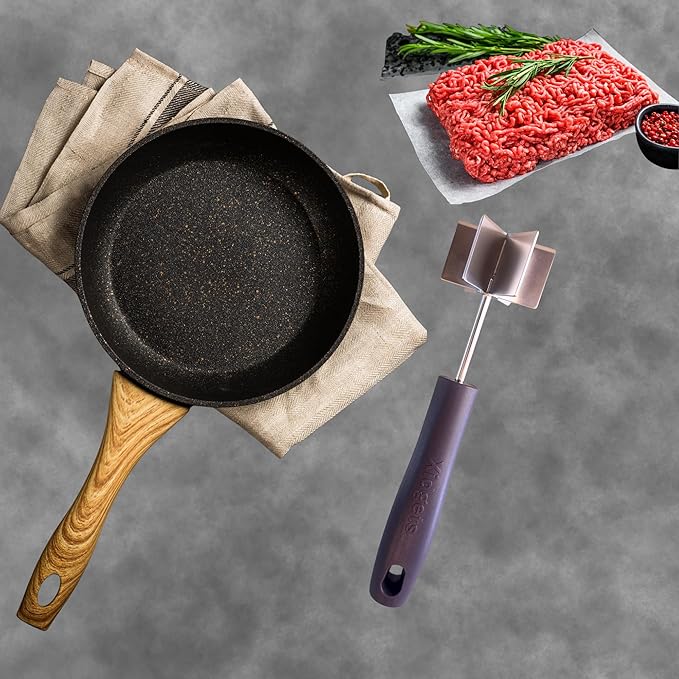 Large Stainless Steel Meat Masher, Ground Beef Chopper with Heavy Duty Handle & Mashing Head for Ground Beef, Turkey, and More – Dishwasher Safe (Midnight Plum 10")