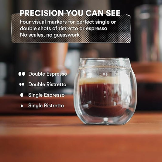 ovalware Espresso Pouring Glass Set of 2 | Double-Wall 2.7oz/80ml Shot Measuring Cup | Heat Protective Comfort | Oval Measurement Dots for Ristretto and Espresso | Drip-Free Precision Spout