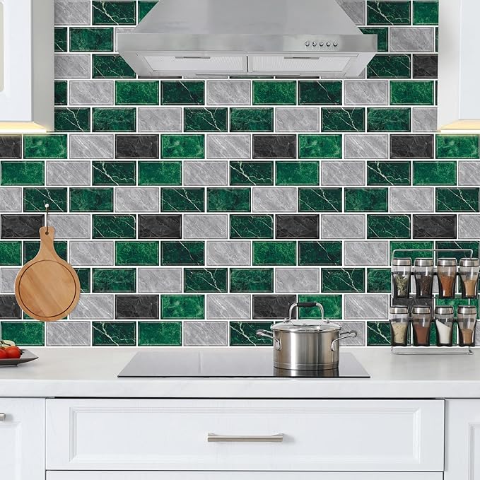 URCOLOR 10-Sheet Peel and Stick Backsplash Tile for Kitchen,12"x12" Self Adhesive Wall Tiles Stick on Back Splashes for Bathroom Green Marble Look
