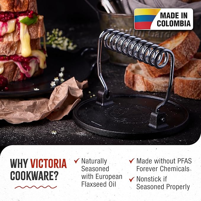 Victoria Round Cast-Iron Meat Press with a Wire Handle, Preseasoned with Flaxseed Oil, Made in Colombia