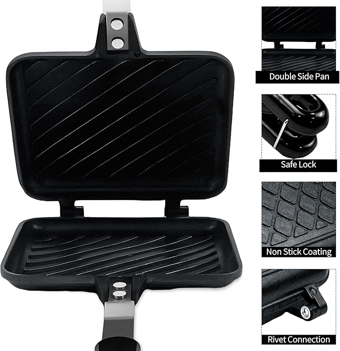 Sandwich Maker, Nonstick Panini Maker Pan Grilled Stove Top Toasted Pan, Double Sided Cheese Press with Handle for Breakfast, Camping, Home, Kitchen 5.82" W x 13.07" L