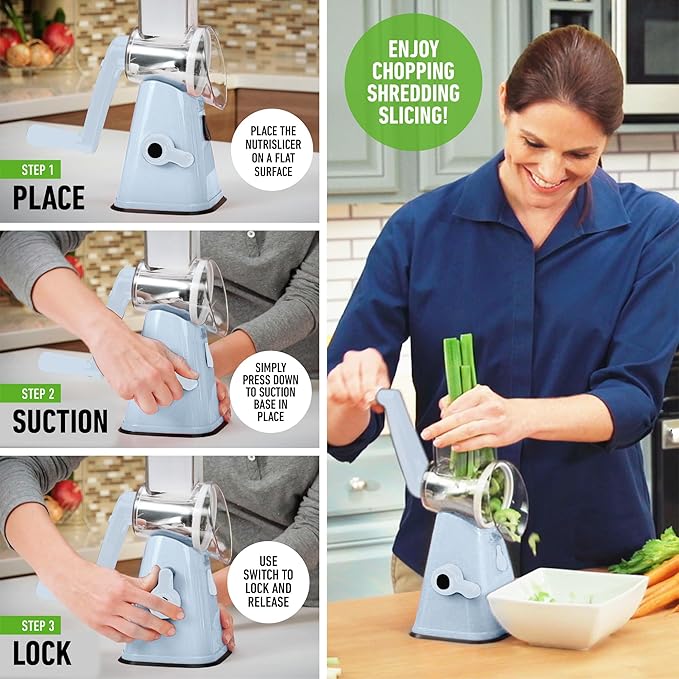 EMSON Rotary Cheese Grater Hand Crank, Stainless Steel Rotary Graters for Kitchen with 3 Blades, Vegetable Slicer, Cheese Shredder with Suction Cup Base, Dishwasher Safe