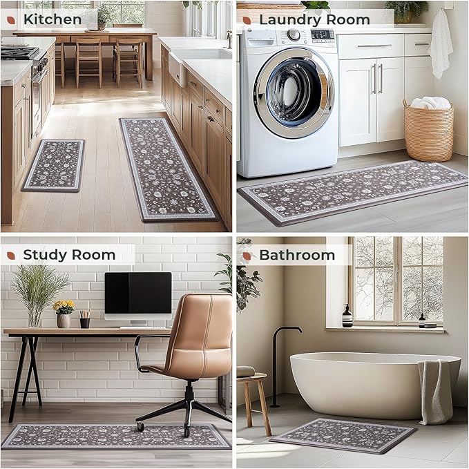 FRESHMINT Anti Fatigue Kitchen Mats for Floor 2 Piece Set, Waterproof & Non-Skid Vintage Floarl Kitchen Rugs, Cushioned Kitchen Mat for Standing Washable Comfort Desk Kitchen Runners, 17x30''+17x47''