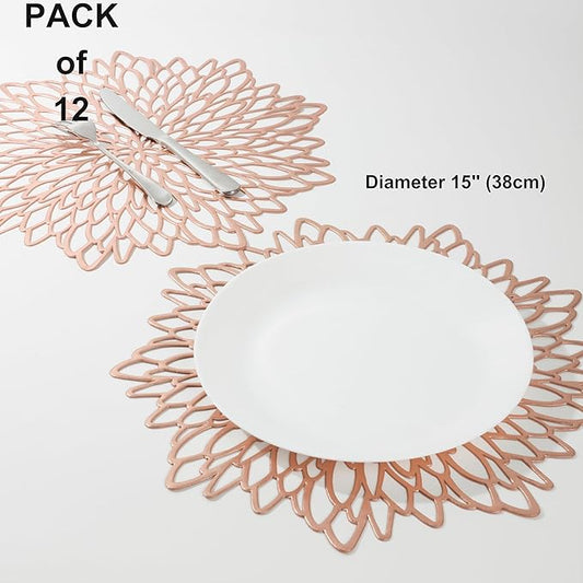 Snowkingdom 12 Pack Rose Gold Placemats Metallic Pressed Vinyl for Mother's Day Table Decoration Dinning Mats Bulk Round Floral Charger for Wedding Valentine's Day Christmas Holiday