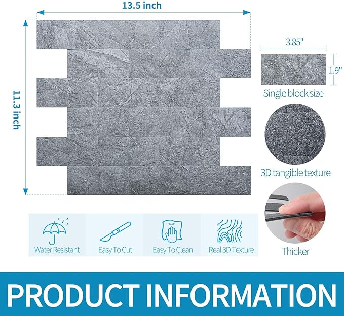 Art3d 10-Pack Peel and Stick Backsplash Tile for Kitchen Bathroom Fireplace Vanitity, Self-Adhesive Wall Tile in Blue Grey