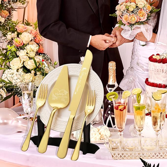 4 Pieces Wedding Cake Cutting Set Knife and Forks Set Wedding Cake Knife and Server Set Sliver Forks Engraved Mr. and Mrs.for Engagements, Anniversaries, Bride and Groom (GOLD GROOM&BRIDE)