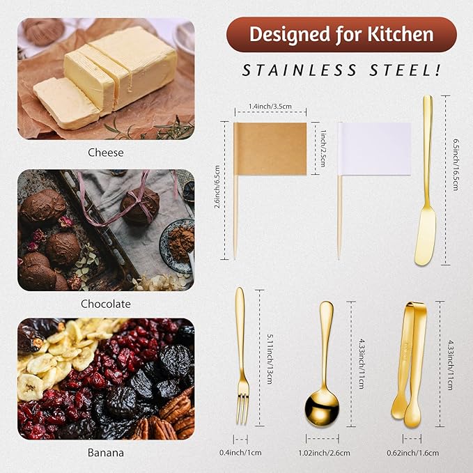 Patelai Charcuterie Boards Accessories Charcuterie Utensils Set Cheese Butter Spreader Knives Stainless Steel Mini Serving Tongs Spoons Forks and Toothpick Flags for Appetizers Pastry(Golden)