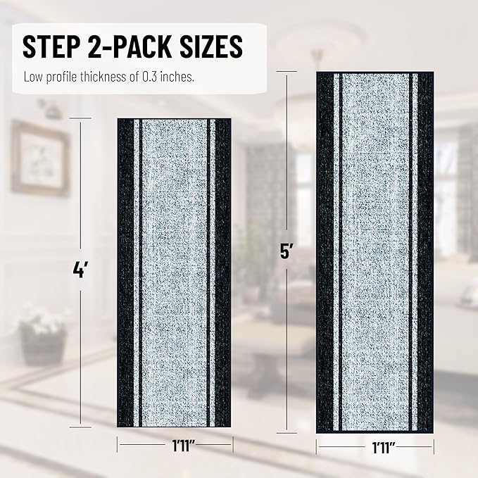 Ottomanson 2-Piece Kitchen Rug Set - Non Slip Runner & Washable Mat - 1'11" x 4' + 1'11"' x 5' - Durable, Stain Resistant for Entryway, Bedroom and Bathroom, Border Gray