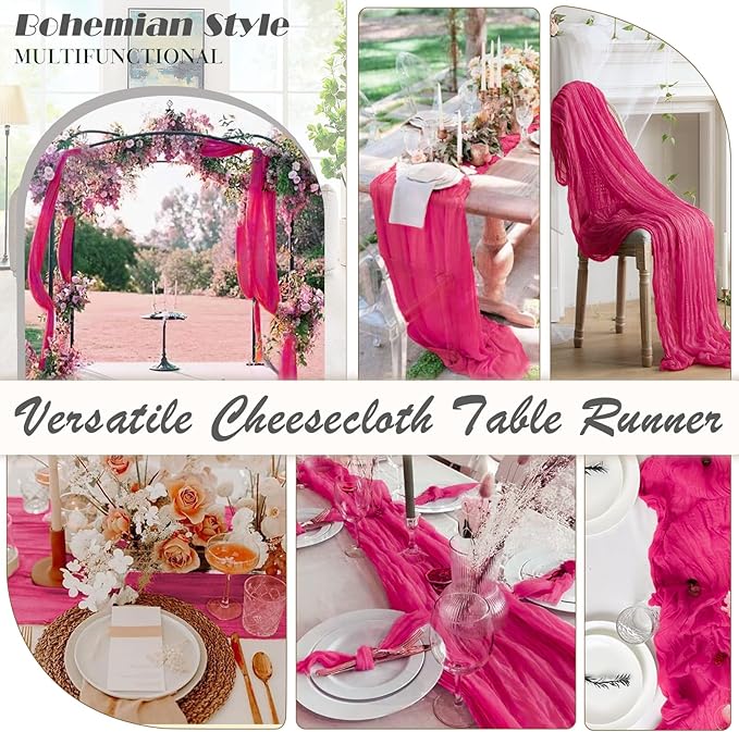 Hot Pink Cheesecloth Table Runner - 6 Pack, 35" Boho Gauze, 120 inches Long, Rustic Sheer Fabric Bulk for Baby Shower, Wedding, Bridal, Birthday Party Table Decorations