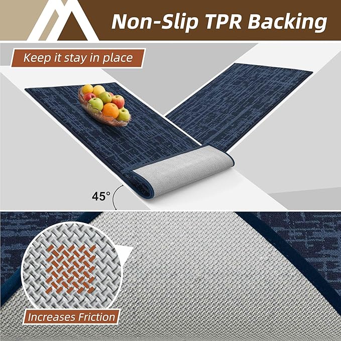 COSY HOMEER Kitchen Rugs 20"x32"+20"x48",Absorbent Soft Kitchen Mats for Floor,Non Slip Kitchen Runner Rug,Washable Kitchen Floor Mats for Sink Mat,Hallway,Laundry,Navy Blue
