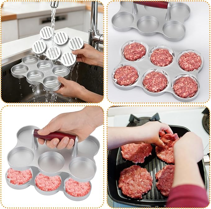 Mini Burger Press Small Meat Patty Maker with 300 Patty Papers Round Shape Press Patty Maker for Mini Hamburger, Barbecue, Picnic, Camping, Six 2.64-inch Slots