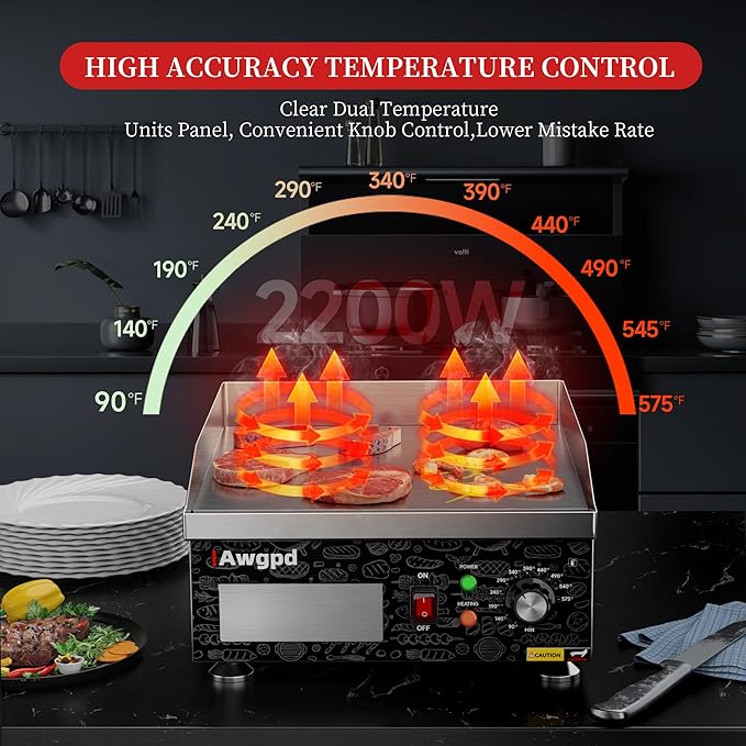 Electric Griddle,1800W 14 Inch Flat Top Grill Commercial Electric Griddles,14 Inch Electric Countertop Griddles Stainless Steel Adjustable Temperature Control 90℉-575℉ for Home or Restaurant Use