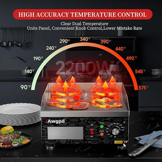 Electric Griddle,1800W 14 Inch Flat Top Grill Commercial Electric Griddles,14 Inch Electric Countertop Griddles Stainless Steel Adjustable Temperature Control 90℉-575℉ for Home or Restaurant Use