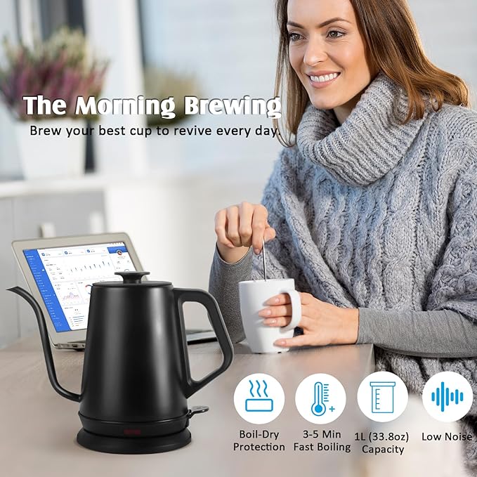 1L Electric Gooseneck Kettle, Tea Kettle for Boiling Water, Gooseneck Electric Kettle for Coffee & Tea, Fast Boiling for Pour Over, Auto Shut-Off, Boil-Dry Protection, 360° Rotational Base