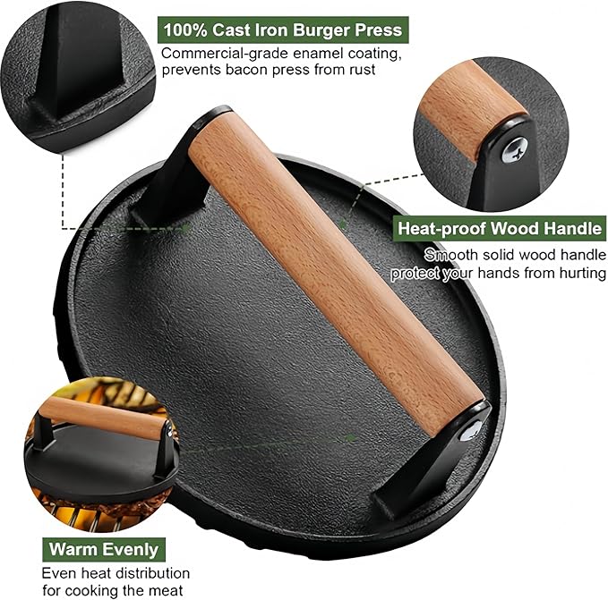Cast Iron Grill Press with Ribbed Base, 2LB 7 Inch Round Smash Burger Press with Wood Handle, Heavy Duty Bacon Press & Meat Weight for Perfect Searing, Nonstick Kitchen Tool for Stovetop, Griddle, BBQ