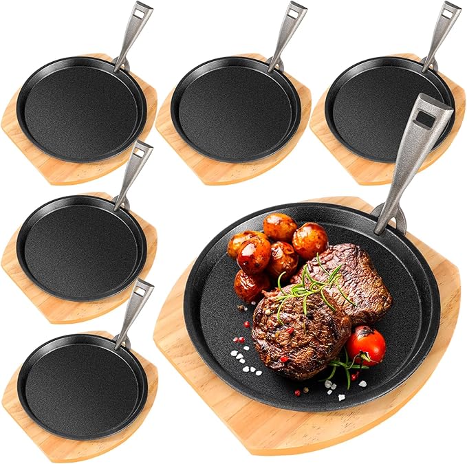 Mimorou 6 Set 8.7 Inch Cast Iron Fajita Plate Set with Wooden Base Anti Scald Protection Removable Handle Fajita Plate Sizzling Pan Cast Iron Skillets Sets for Home Restaurant Kitchen BBQ Cooking