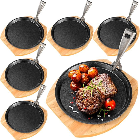 Mimorou 6 Set 8.7 Inch Cast Iron Fajita Plate Set with Wooden Base Anti Scald Protection Removable Handle Fajita Plate Sizzling Pan Cast Iron Skillets Sets for Home Restaurant Kitchen BBQ Cooking