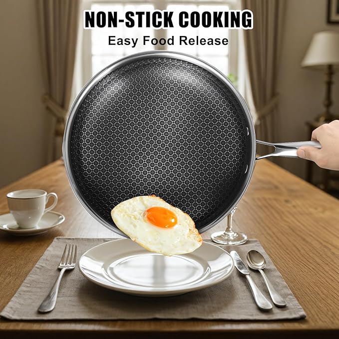USELUCK 12 Inch Nonstick Frying Pan, Stainless Steel Skillet with Honeycomb Surface, Induction Compatible, Oven & Dishwasher Safe, PFAS-Free Cookware