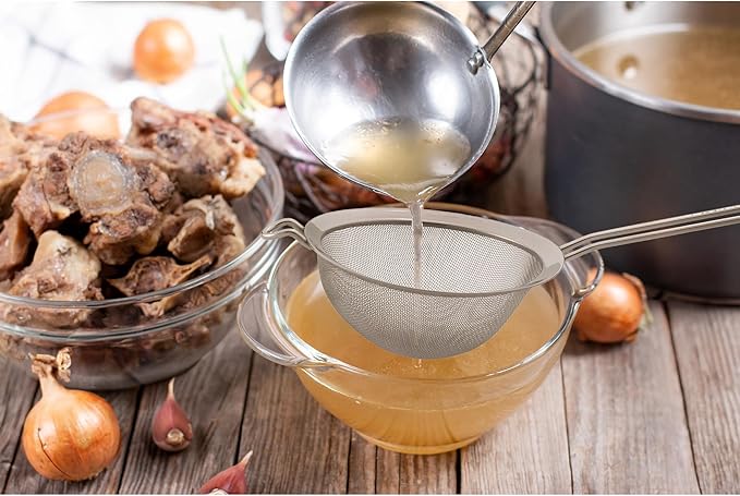 HIC Kitchen Fine Double Mesh Strainer, 18/8 Stainless Steel, 7-Inch, For Sifting Baking Ingredients, Straining, And Draining Stocks, Soups, And Sauces