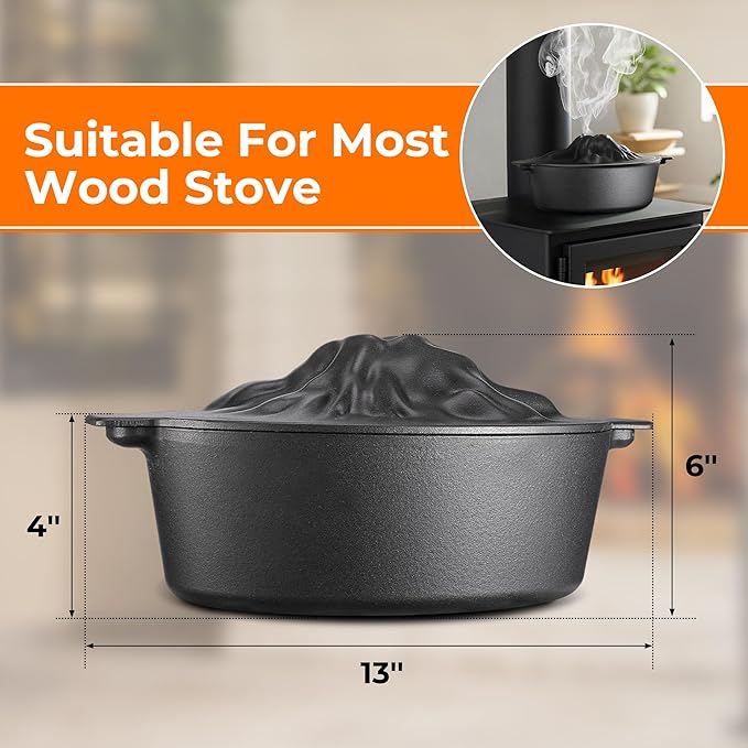 Upgraded Wood Stove Steamer with Handle, Wood Stove Humidifier, 3 Quart Large Capacity Woodstove Steamer, Cast Iron Humidifier for Wood Stove, Fireplace Steamers Pot Rust Resistant