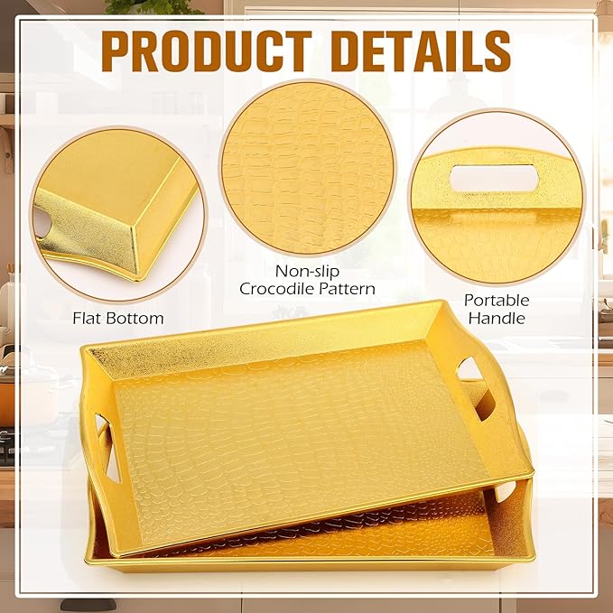 10 Pack Gold Plastic Serving Trays with Handles 15x9.8 Large Reusable Portable Rectangular Decorative Party Serving Trays for New Year Holiday Wedding Party Table Catering