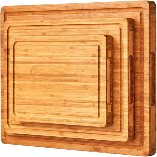 Allsum 3pcs Cutting Boards for Kitchen, Extra Thick Carbonized Bamboo Wood Chopping Boards Set for Meat, Vegetables and Fruits, Charcuterie Serving Trays for Party