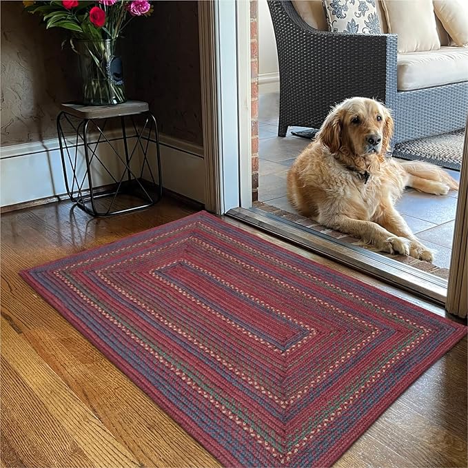 Homespice Jamestown Burgundy Braided Rugs 2x3' - Jute Braided Kitchen Rugs for Rustic Decor