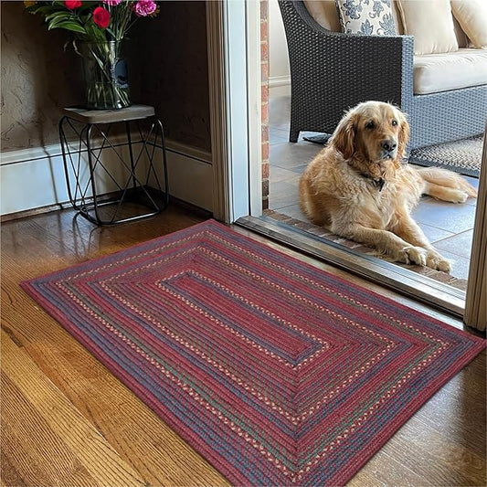 Homespice Jamestown Burgundy Braided Rugs 2x3' - Jute Braided Kitchen Rugs for Rustic Decor