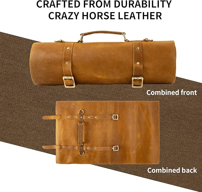 Genuine Leather Knife Roll, Knife Bags for Chefs Professional, Small Chef'S Knife Case Holder, Knives Holders Protectors with 7 Slots, Portable Chef Knife Roll Chef Knife Bag (12 Slots brown)