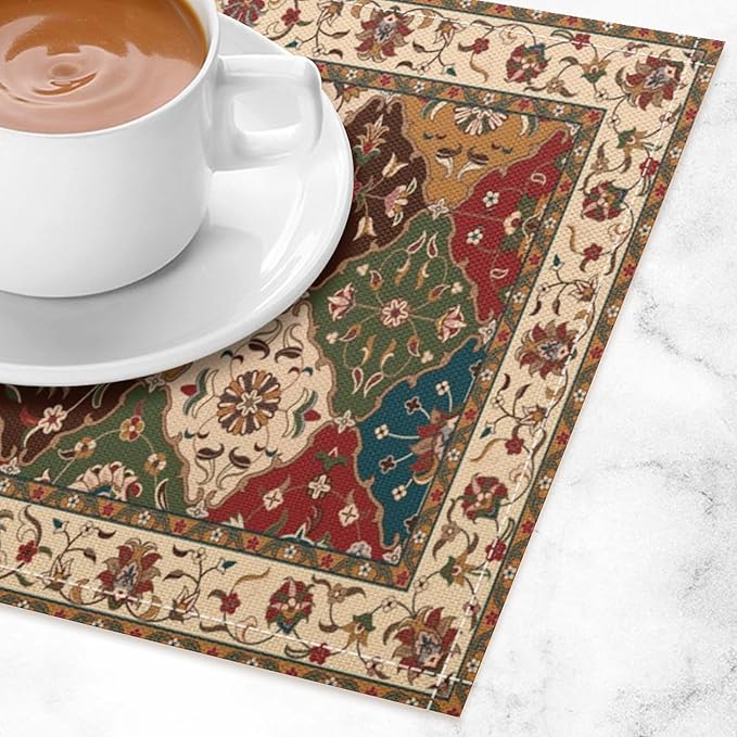 Boho Vintage Ethnic Placemats Set of 4 Rustic Farmhouse Retro Red Floral Art Printed Dining Table Mats for Restaurant Home Kitchen Holiday Picnic Party Decor 12x18in