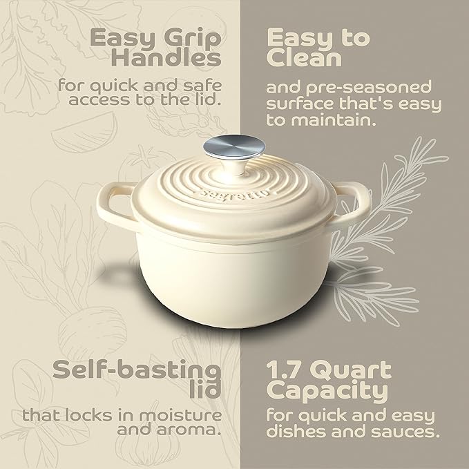 Segretto Cookware 1.7-Quart Enameled Cast Iron Dutch Oven with Lid – Bianco Perla (Pearl White) Small Camping Pot for Bread Baking & Cooking