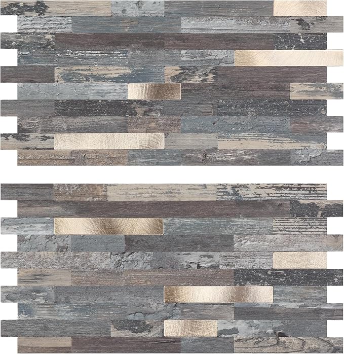 Yipscazo 2 Sheets Peel and Stick Stone Metal Backsplash, PVC Wall Tiles Stick on Tiles for Backsplash Kitchen, Bathroom, Fireplace (6'' X 12'', Ecru Rustic)
